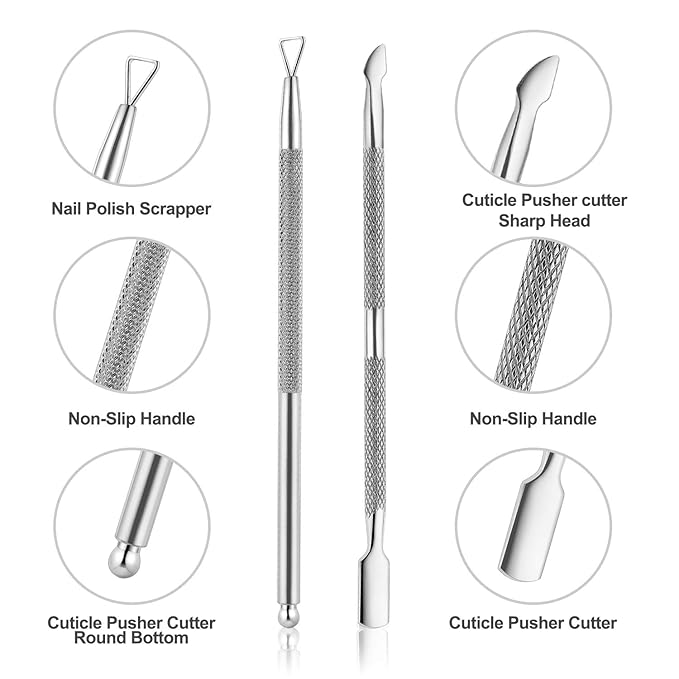 2PCS Cuticle Pusher and Cutter with Storage Case,Professional Cuticle Pusher Nail Polish Remover Stainless Steel Manicure Tool Set,Durable Pedicure Manicure Tools for Fingernails Toenails (Silver)