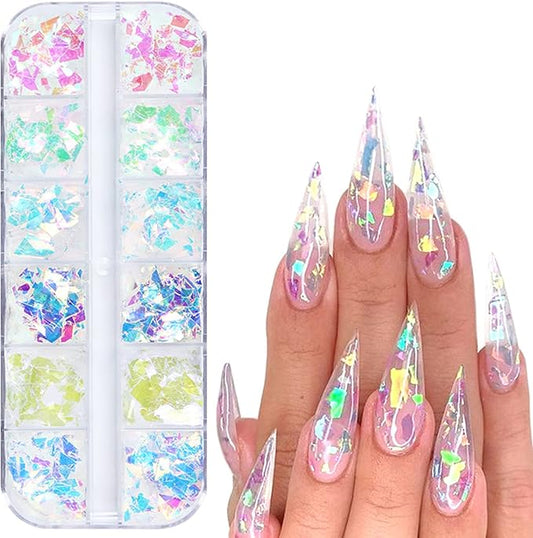 Mermaid Glitter Nail Art Sequins, Holographic 3D Iridescent Ultra Thin Transparent Shiny Nail Art Glitter Flakes Design, Glitter Irregular Nail Sequins Acrylic Supplies for Women Manicure Decorations