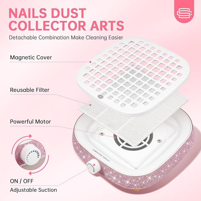 Nail Dust Collector, Dust Collector Nail Tech, Powerful 4000RPM Vacuum Fan Vent Dust Collector Extractor Dust Suction Machine for Acrylic Nails Polishing, Salon Home, Pink Diamond