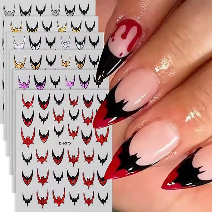 6pcs Bat Halloween Nail Stickers for Nail Art - French Tip Purple and Red Glitter Bat Nail Decals Laser Sparkle Halloween Bat French Design Gothic Punk Nail Accessories Charms Y2K Manicure Decoration
