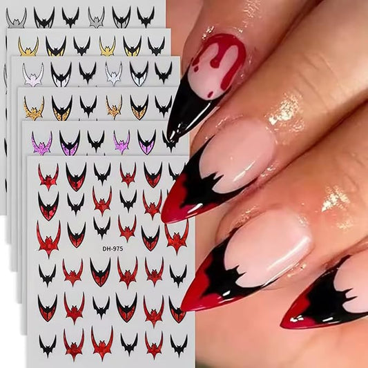 6pcs Bat Halloween Nail Stickers for Nail Art - French Tip Purple and Red Glitter Bat Nail Decals Laser Sparkle Halloween Bat French Design Gothic Punk Nail Accessories Charms Y2K Manicure Decoration