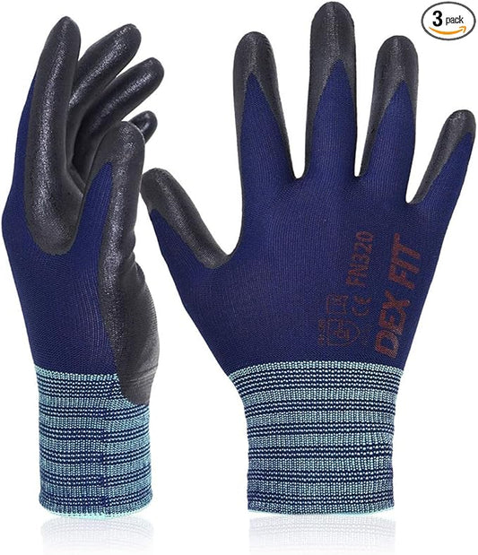 DEX FIT Premium Nylon Work Gloves FN320 - Firm Nitrile Grip, 3D-Comfort Stretchy Fit, Thin & Lightweight, Protective & Durable, Breathable, Machine Washable; Navy 6 (XS) 3 Pairs