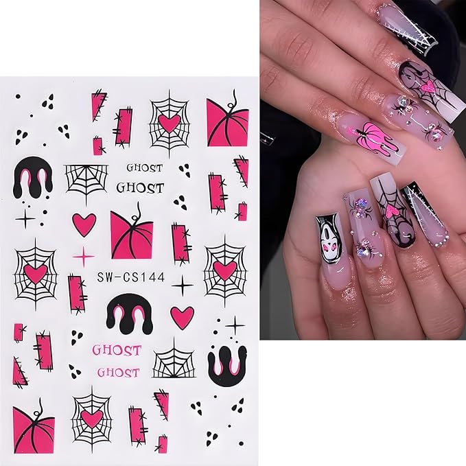 Halloween Nail Art Stickers, Spider Web Nail Art Decals 3D Self-Adhesive Pumpkin Cute Pink Heart Spider Web Nail Design 4Pcs Halloween Nail Art Supplies for Women Nail Decoration