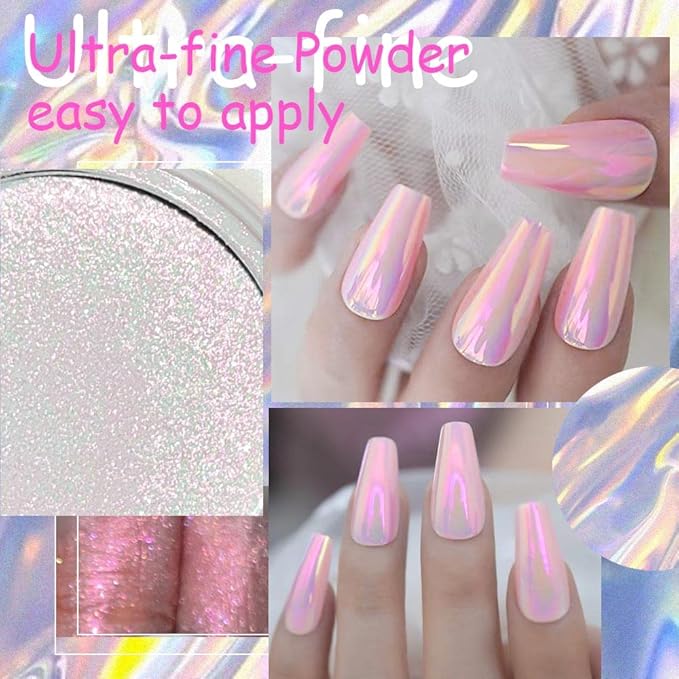 evpct 3Pcs Chrome Nail Powder Kit for Nails Polish Blue Pink Green Pearl Mermaid Rainbow Holographic Iridescent Chameleon Metallic Neon Pigment Mirror Chrome Nail Powder for Gel Nails Glitter