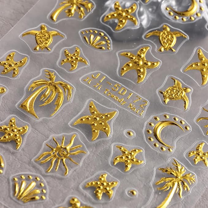 Summer Nail Art Stickers Decals Palm Tree Starfish 5D Embossed Nail Decals 2PCS Golden Coconut Tree Turtle Moons Summer Nails Design Adhesive Sticker Nail Art Supplies for Women Manicure Decorations