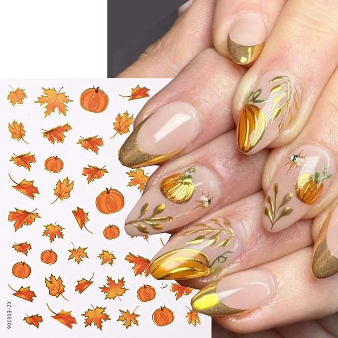 Autumn Nail Art Stickers Pumpkin Nail Stickers for Nail Maple Leaf Nail Decals Fall Leaves Wheat Foxes Design Gold Thanksgiving Nais Sticker for Decor Holiday Manicure Supplies for Women 6 Sheets