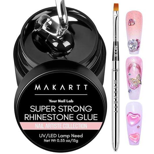 Makartt Rhinestone Glue for Nails, 15ml Clear Nail Gem Adhesive with Brush Kit for 3D DIY Decorations, Super Strong Bling Gel for Jewelry Diamonds