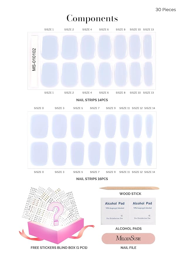 MelodySusie Semi Cured Gel Nail Strips,Misty Blue, Works with Any Nail Lamps, Salon Quality, Long Lasting, Easy to Apply and Remove, Includes 30Pcs, 2 Prep Pads, Nail File and Wooden Stick
