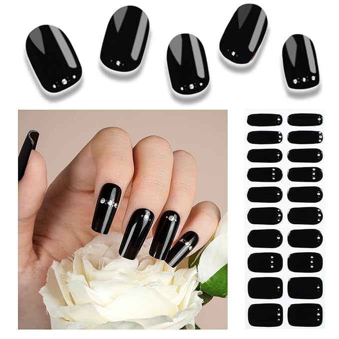 20pcs Semi Cured Gel Nail Strips, Real Nail Polish Art Stickers, Black Diamond Gel Nail Stickers - Work with Any UV Lamp, Long Lasting Full Wraps with Nails File and Stick