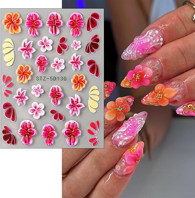 2 Sheets Flower Nail Stickers for Nail Art 5D Embossed Cherry Blossom Nail Decals Self-Adhesive Summer Hibiscus Flowers Nail Art Stickers Pink Floral Designs Nail Decal for Women Nail Decoration