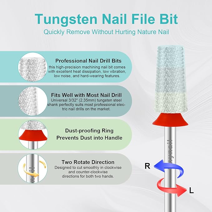 3/32" Large Tapered Barrel Flat Bit Tungsten Carbide Nail Drill Bit Safety Bit for Gel & Acrylic Removal, 2- Way Rotating Efile Tip, Salon Electric File Accessory (F Girt, Silver)