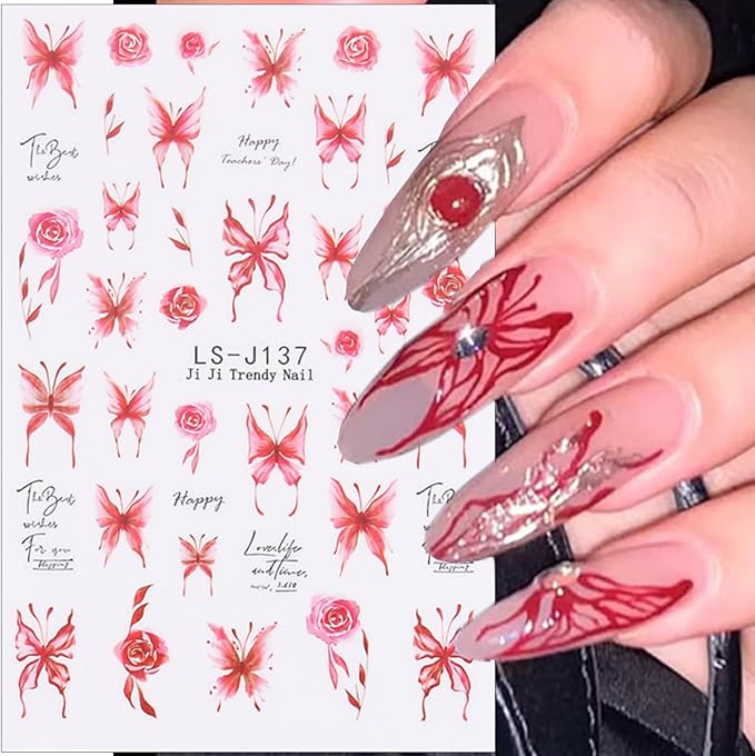 6Sheets Flower Nails Art Stickers Pink Cherry Blossom Nail Decals Butterfly Rose Nail Stickers Spring Summer Floral Design Sticker Cute Lily Flowers Nails Supplies Decorations for Women DIY Manicure