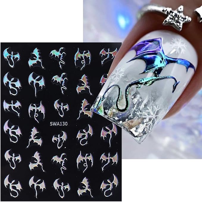 6 Sheets Halloween Nail Stickers for Nail Art Horror Bat Nail Decals Gold Silver Holographic Laser Gothic Dragon Nail Art Stickers 3D Self-Adhesive Halloween Bats Nail Design Supplies for Women