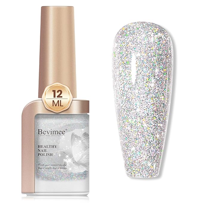 Glitter Nail Polish, 12ML Shimmer Holographic Reflective Nail Polish Air Fast Drying Sparkly Iridescent nail polish Varnish Nail Lacquer Transparent Natural Nail Art for Beginner-1PC