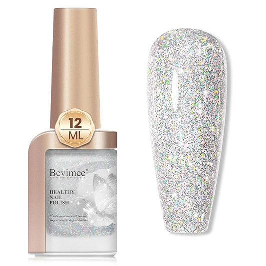 Glitter Nail Polish, 12ML Shimmer Holographic Reflective Nail Polish Air Fast Drying Sparkly Iridescent nail polish Varnish Nail Lacquer Transparent Natural Nail Art for Beginner-1PC