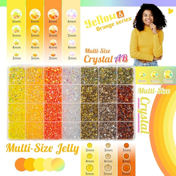 28 Types Yellow Jelly Resin Rhinestones w B7000 Jewelry Glue for Bedazzling Crafting 3mm-6mm Flatback Colorful Orange Golden AB Stones Gems Diamonds for Nails Face Eyes Makeup Crafts Tumblers