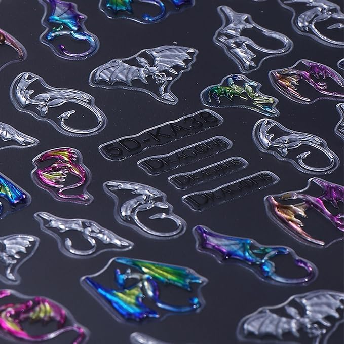 Halloween Bat Nail Art Stickers 5D Embossed Colorful Silver Bats Dragon Nail Decals Self-Adhesive Laser Gothic Dragons Nail Designs Manicure Sliders Halloween Nail Supplies for Women Nail Decor, 2PCS