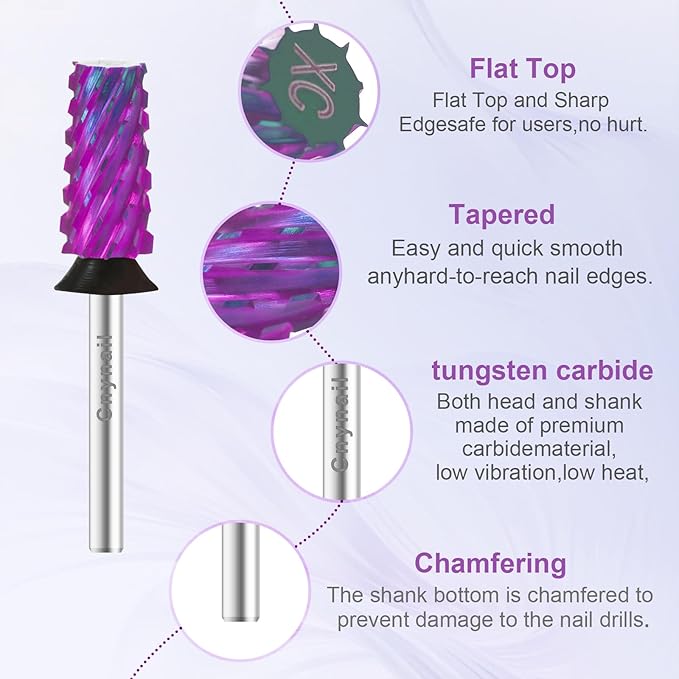 Cnynail 3/32" Large Tapered Barrel Flat Bit Tungsten Carbide Nail Drill Bit Safety Bit for Gel & Acrylic Removal, 2- Way Rotating Efile Tip, Salon Electric File Accessory (XC Girt, Purple)