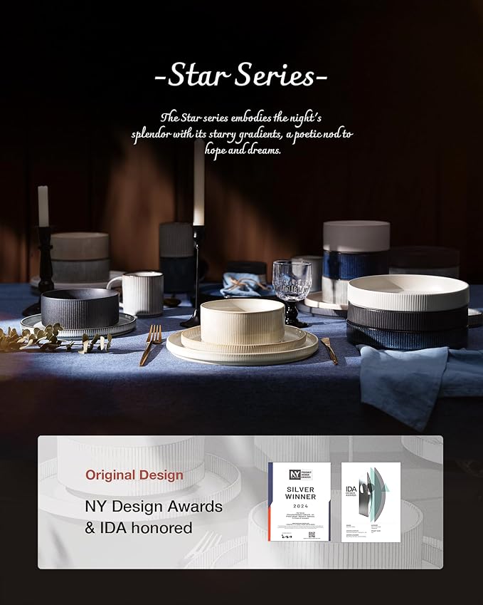 famiware Star 8.25" Pasta Bowls Set of 8, Bowl Plates, Matte Dark Charcoal | - Image 7