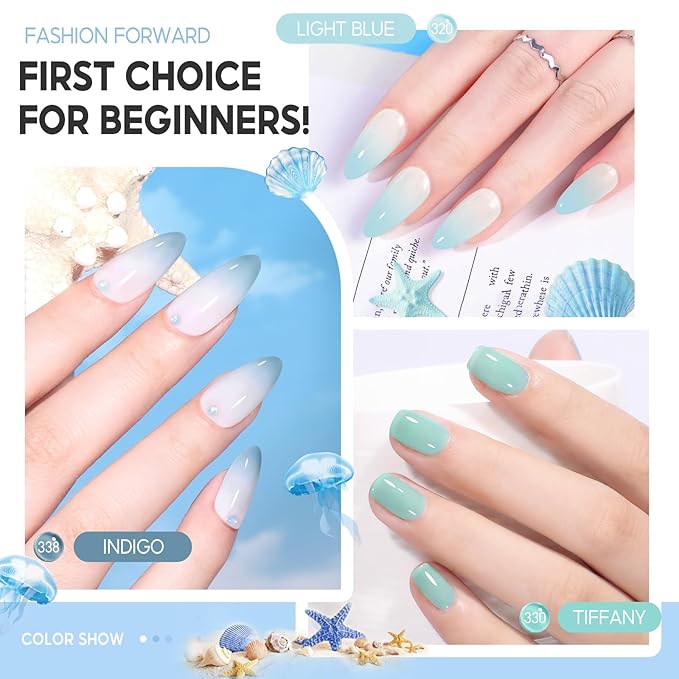 PEACECOLOR Blue Jelly Gel Polish Set, 10ML Transparent Clear Light Blue Collection 6 Colors Jelly Gel Nail Polish Kit for Beginners All Season Home Salon DIY Nail Art Design Gifts for Women