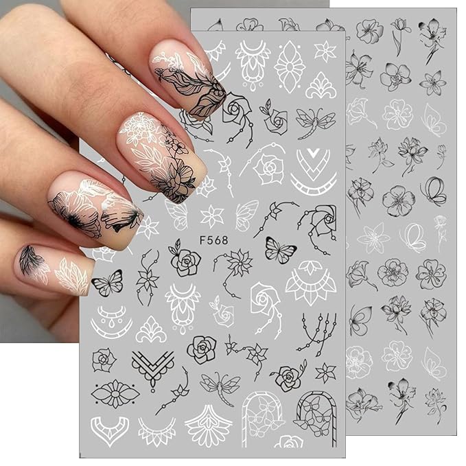 8 Sheets Flower Vintage Vine Nail Stickers, 3D Self-Adhesive Vintage Flower Pattern Nail Decals Black and White Leaf Flowers Nail Design Butterfly Pegatinas Uñas for Women Girls Nail Art Decoration