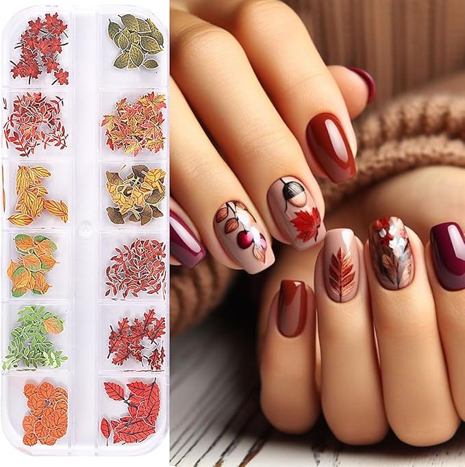 Fall Maple Leaves Nail Sequins 3D Autumn Fallen Leaf Flower Nail Art Flakes for Acrylic Nails Mixed Maple Leaf Wood Pulp Slice Glitter Nail Flake Design for Women DIY Thanksgiving Manicure Decor
