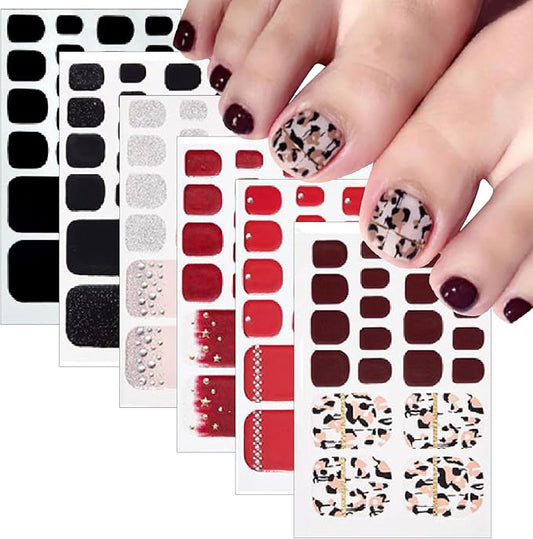 6 Pieces of Summer toenail Stickers French Diamond toenails Gradient self-Adhesive Full Stickers Ladies Flash Black and red toenails Design with Nail File