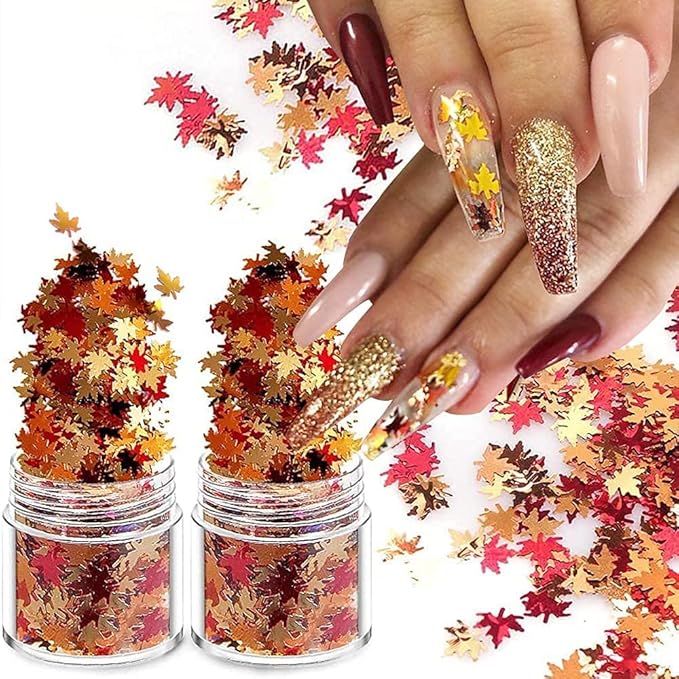 Nail Art Maple Leaf Flake 20gram Glitter Fall Leaves Metallic 3D Maple Leaf Shaped Red Yellow Orange Mixed Design Confetti -Maple Spangles for Women Girls Manicure Kit Decorations (2 Pot)