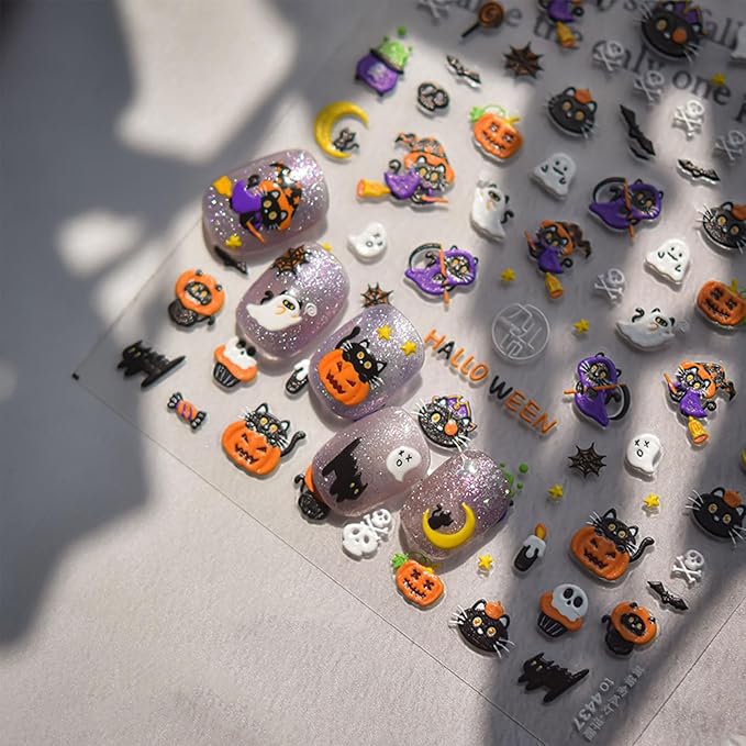 Halloween Nail Stickers for Nail Art Ghost Pumpkin Nail Art Stickers Black Cat Skull Nails Design Decals Halloween Nail Supplies for Women DIY Manicure Decoration Accessories