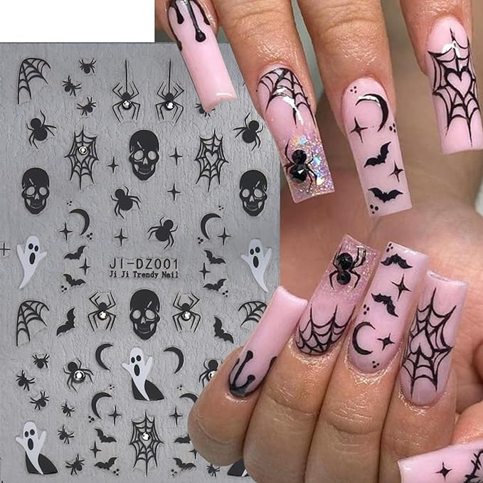 Halloween Nail Sticker 6Sheets Dark Halloween Crystal Star Spider Web Ghost Skull Nail Stickers for Nail Art,Halloween Pumpkin Nail Decals 3D Design Self-Adhesive Nail Supplies DIY Manicure Decoration
