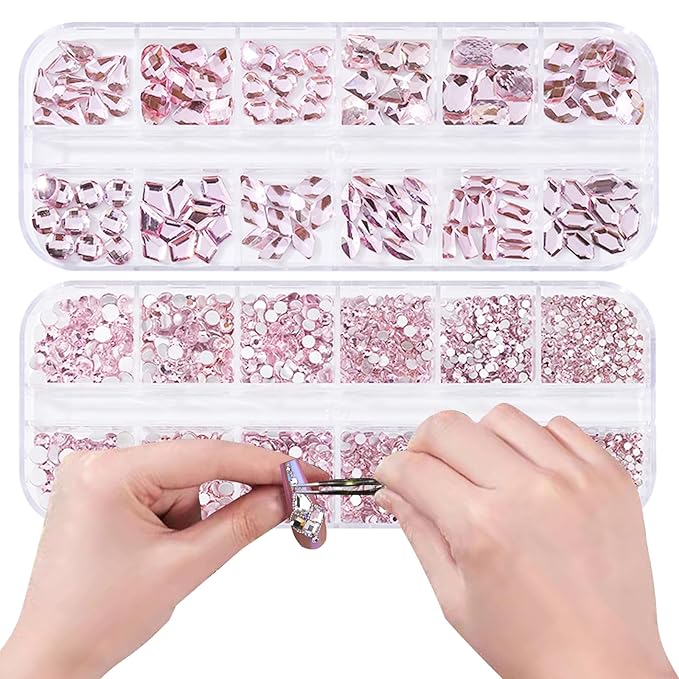 HOINCO 3120 Light Pink Diamond Rhinestones, Crystal AB Flat Bottom Gemstones for Nail Art DIY Craft Decoration With Crayon Tweezers - 3D Mixed Size