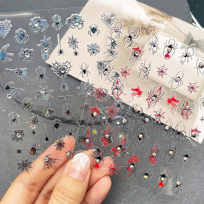 2 Sheets Halloween Nail Stickers Self Adhesive Spider Web Nail Art Stickers 5D Spider Rhinestones Nail Decals Gothic Halloween Nails Design DIY Holiday Manicure Supplies for Women Nails Accessories