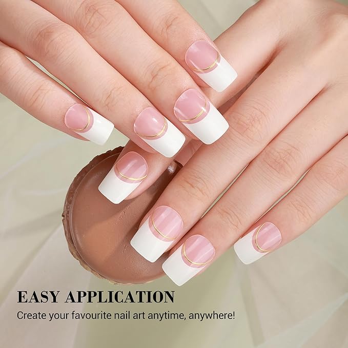 MelodySusie Semi Cured Gel Nail Strips (Elegant French Tips), 20 PCS Designed Gold Line Gel Nail Stickers, Gel Nail Wraps, UV Light Required, Durable and Salon Quality
