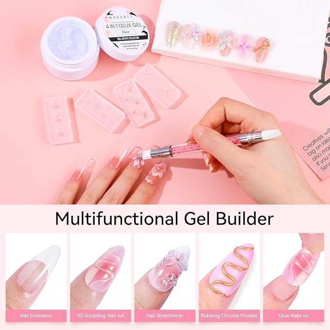 Makartt 3D Gel Nail Art: 4 in 1 Solid Gel Builder Kit for 15ML Nail Extension Gels, 4pcs Silicone Molds, 1 Sculpting Brush, UV Glue for Acrylic Nails Rhinestones Molding Manicure Hard Gels Kit
