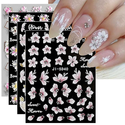 JMEOWIO 3D Embossed Spring Flower Nail Art Stickers Decals Self-Adhesive Pegatinas Uñas 5D Colorful Summer Floral Nail Supplies Nail Art Design Decoration Accessories 4 Sheets
