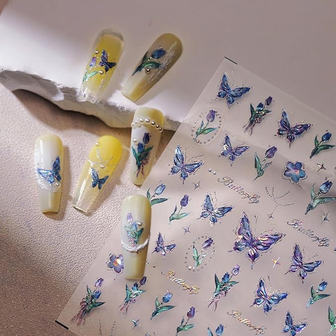 Butterfly Nail Art Stickers - Blue Butterflies, Flower Designs, 5D Embossed Decals, Shiny Accessories for Women & Girls. Great for Spring-Summer Nail Art Decoration