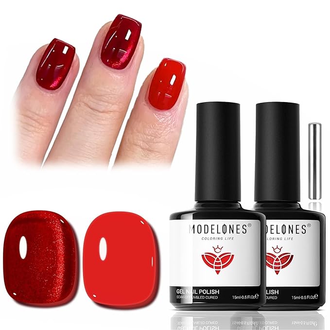modelones Red Cat Eye Gel Nail Polish Set, 2PCS 15 ML Magnetic Glitter Holographic Red Ruby Glass Polish Reflective Jelly Translucent UV Gel Manicure Art DIY Salon Christmas Gift for Girl Women
