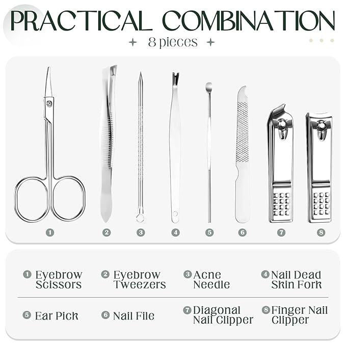 Geosar 12 Sets Manicure Set Nail Clippers Pedicure Kit 8 in 1 Grooming Stainless Steel Kits Nail Care Tools with Travel Case Xmas Gifts Christmas Stocking Stuffers for Men Women(Green)