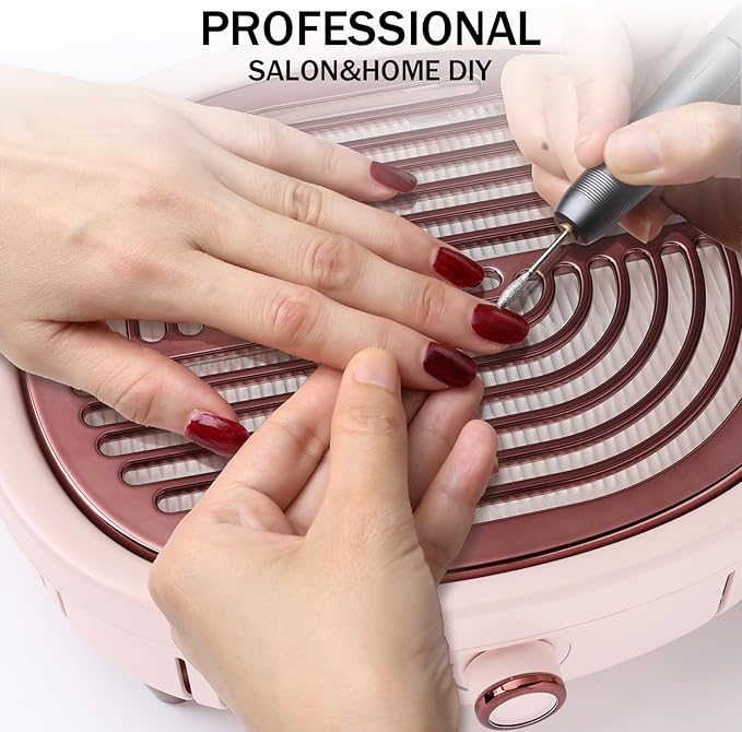 Nail Dust Collector with 2 Reusable Filters Quiet Nail Duster Collector Vacuum Cleaner with Adjustable Suction for Acrylic Nail Powerful Electric Extractor for Salon Home Magnetic Grid (Pink)