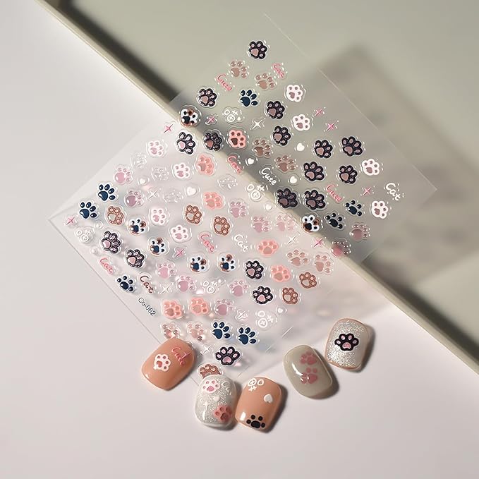Cute Cat Claw Nail Stickers 5D Embossed Self-Adhesive Nail Decals with Cute Little Claw Animal Design Pink Jelly Nail Sticker for Star Sliders Decal DIY Manicure Decoration Accessories