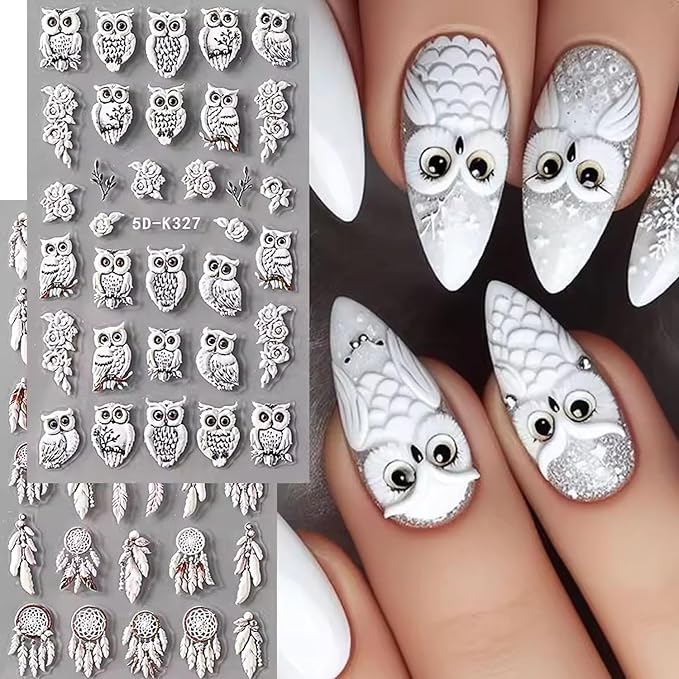2Sheets Cute Owl Nail Art Stickers 5D Embossed Feather Dreamcatcher Designs Nail Decals Self-Adhesive White Owl Rose Flower Nail Sticker Autumn Winter Nails Supplies for Women DIY Manicure Decor