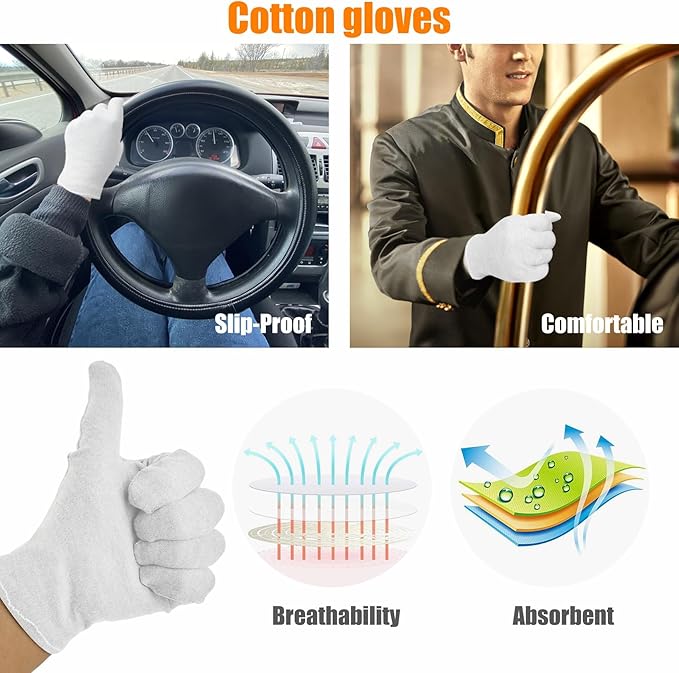 3 Pairs(6Pcs) Cotton Gloves for Eczema and Dry Hands, Moisturizing Gloves, Work Gloves for Men, Women, SPA, Jewelry Inspection (White, 3 Pairs)