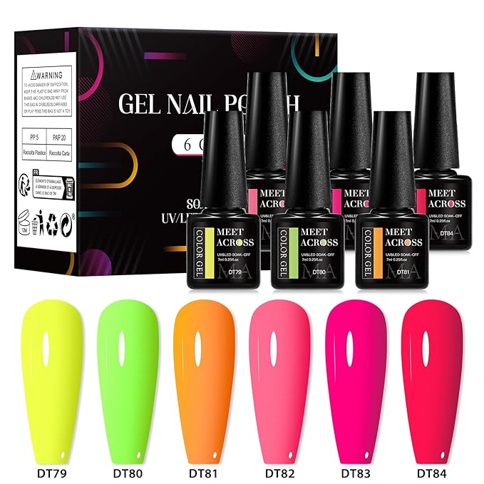 MEET ACROSS Neon Gel Nail Polish Set, Fluorescent Hot Pink Yellow Green Red Spring Summer Nail Polish Kit LED UV Gel Nail Polish Starter Manicure Salon DIY Nail Gel Polish 6 Colors