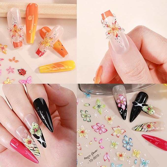 Flowers Nail Art Sticker- 5D Embossed Lily Flower Nail Decals Spring Colored Orchid Floral Petals Nail Design Hibiscus Flower Adhesive Gel Slider Nail Charms Summer Decor DIY Manicure Accessories 6PCS