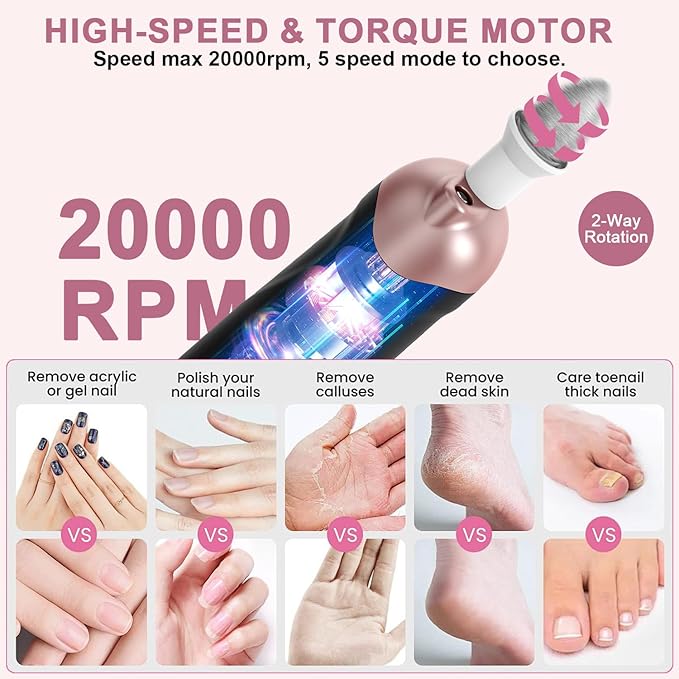 Professional Manicure Pedicure Kit, 9 in 1 Cordless Nail Drill with 100 pcs Nail Drill Bits Sanding Bands, Nail Grinder for Human, 5 Speeds, Nail Dremel Kit for Home and Salon Use