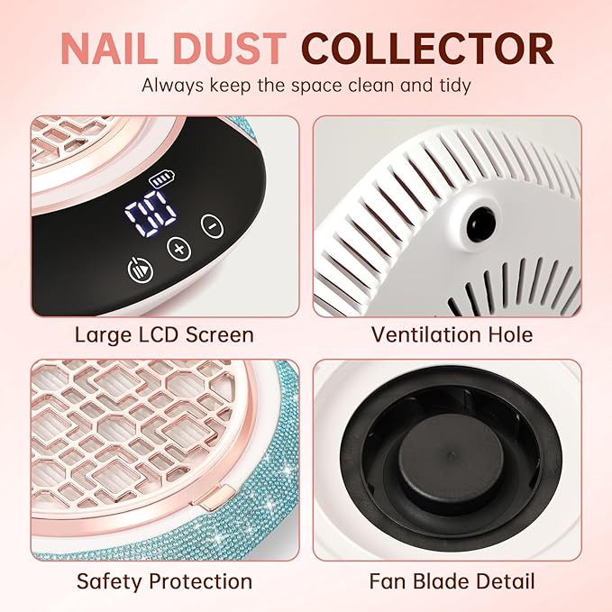 Cordless Nail Dust Collector,Portable Dust Collector Nail Tech with LED Display,Rechargeable Dust Suction Machine with Reusable Fillter for Acrylic Gel Polish,Salon & Home