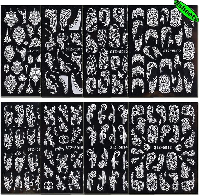 Flower Nail Art Stickers Decals, 8 Sheets 5D Engraved Flower Nail Decals White Wedding Nail Art Accessories French Tips Nail Designs Self Adhesive Lace Flower Carving Nail Stickers for Women Girls
