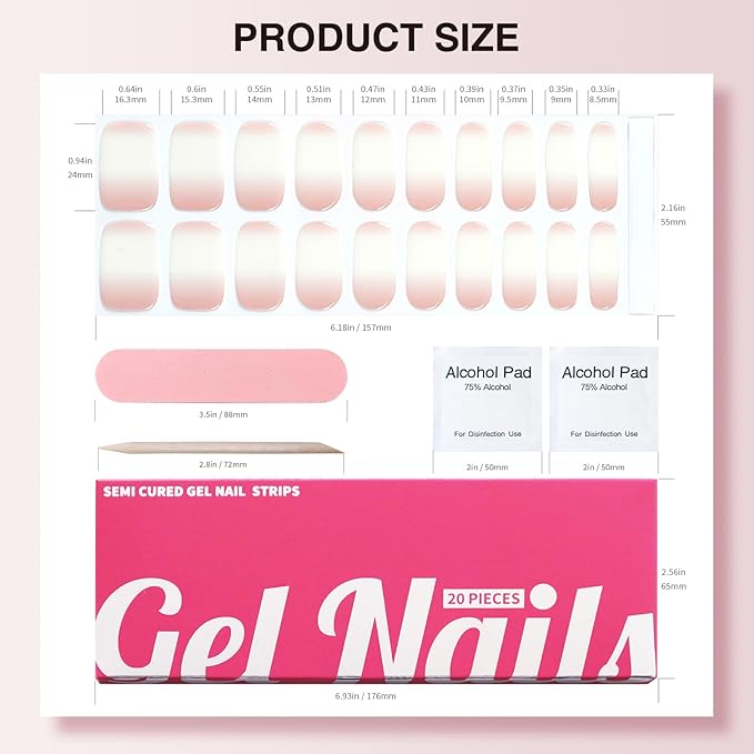 Semi Cured Gel Nail Strips, 20 PCS Gel Nail Stickers Work with UV Light, Gel Nail Wraps, Salon Quality & Easy to Use - Pure Powder