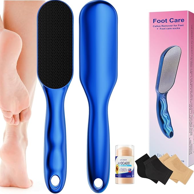 Nano Glass Foot File, Hard Skin Callus Remover with 1PCS Feet Cream, 2Pairs Moisturizing Heel Socks, Professional Foot Care Kit Keep Your Feet Smooth, Blue