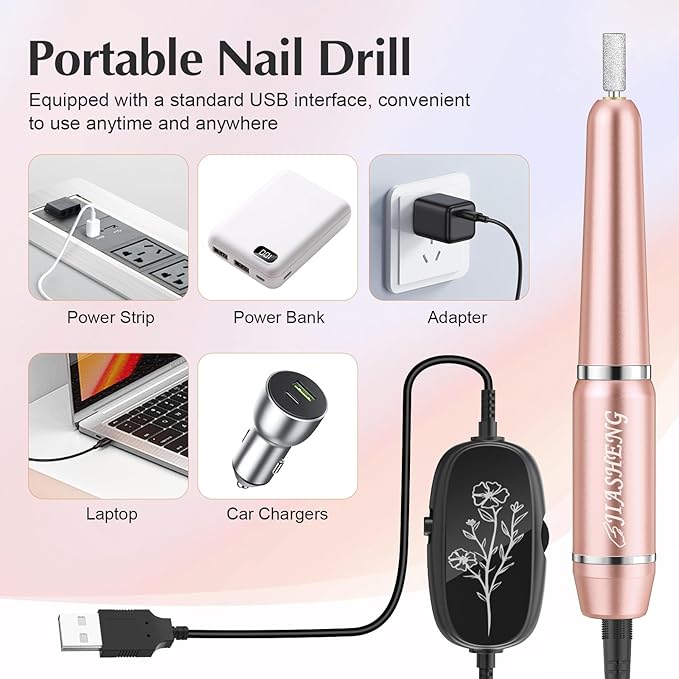 JIASHENG USB Electric Nail Drill, Portable File for Acrylic Gel Nails, Professional Kit for Manicure and Pedicure With Drill Bits for Home and Salon Use, Gold